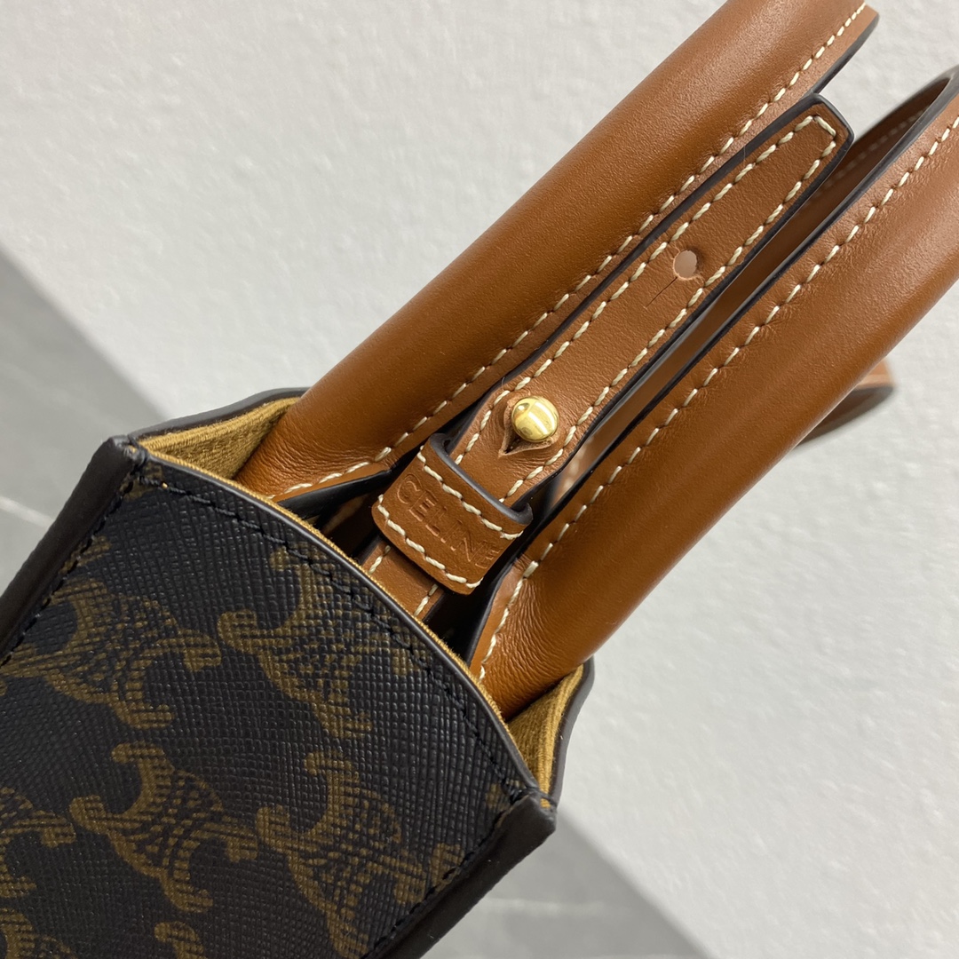 Celine Mini Vertical Cabas In Triomphe Canvas And Calfskin With Celine Print Tan 193302